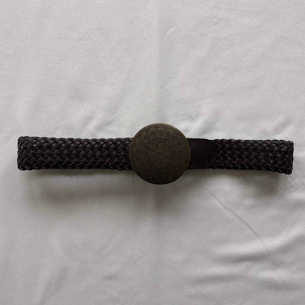 Bohemian braided leather belt with statement metal circle buckle (size OS) - Picture 3 of 8